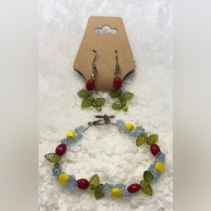 Handmade Ladybug & Leaf Beaded Jewelry Set Necklace & Earrings